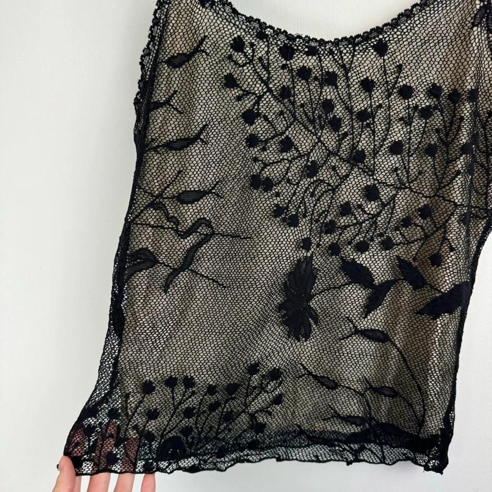 Vintage Y2K Black Lace Mesh Overlay Cami Tank Top Sz Medium - Picture 4 of 13